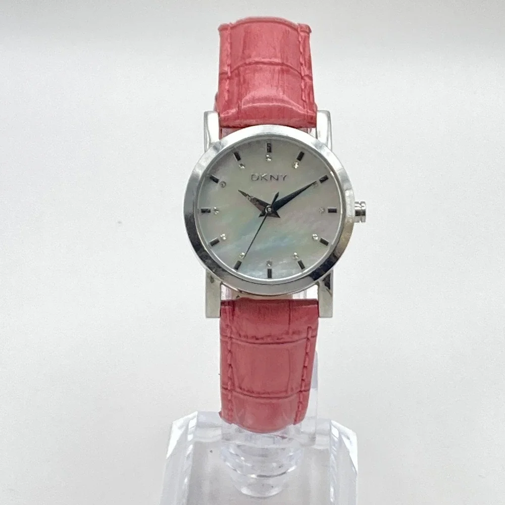 DKNY Women's Watch Silver Tone 28mm MOP Dial Pink Leather New Battery 8.25